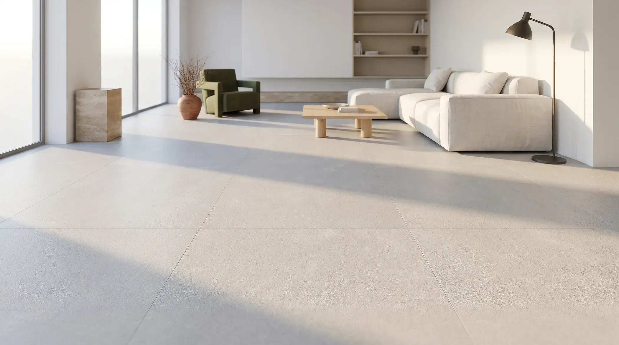 Sol en carrelage grand format gris clair à joints minces dans un vaste séjour contemporain