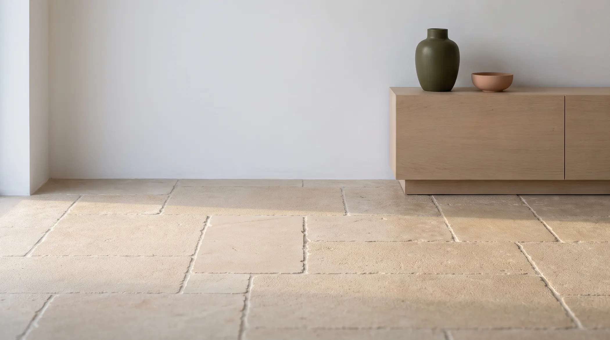 Sol en pierre naturelle beige à dalles irrégulières dans un intérieur clair