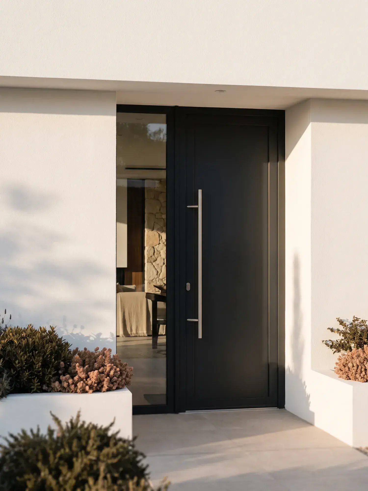 Porte d'entrée contemporaine en aluminium mat sombre avec poignée barre en acier brossé